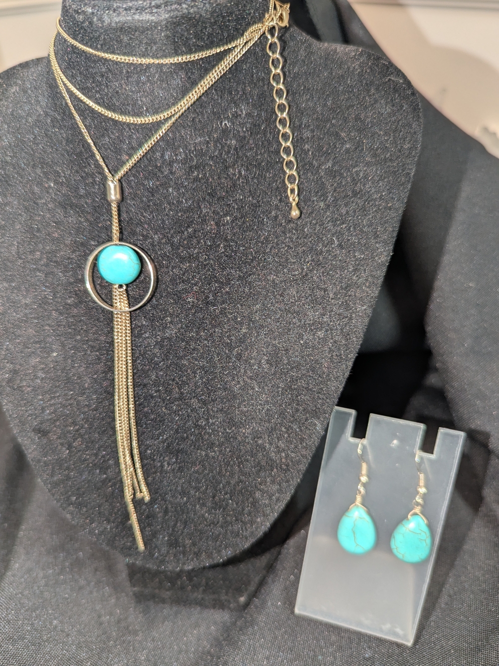 Silver-Tone Turquoise Pendant Layered Necklace with Tassel and Matching Earrings